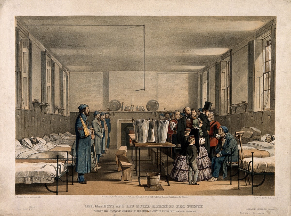 Queen Victoria and Prince Albert visiting soldiers wounded in the Crimean War, at Brompton Hospital, Chatham. Coloured lithograph by J.A. Verner, 1855, after J. Tenniel