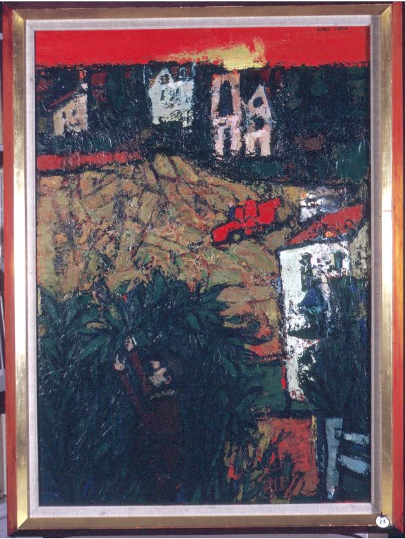 Alfred Cohen, Hedgecutting and Harvesting, 1969, oil on canvas, 40 x 28 in; 101.6 x 71.1 cm.