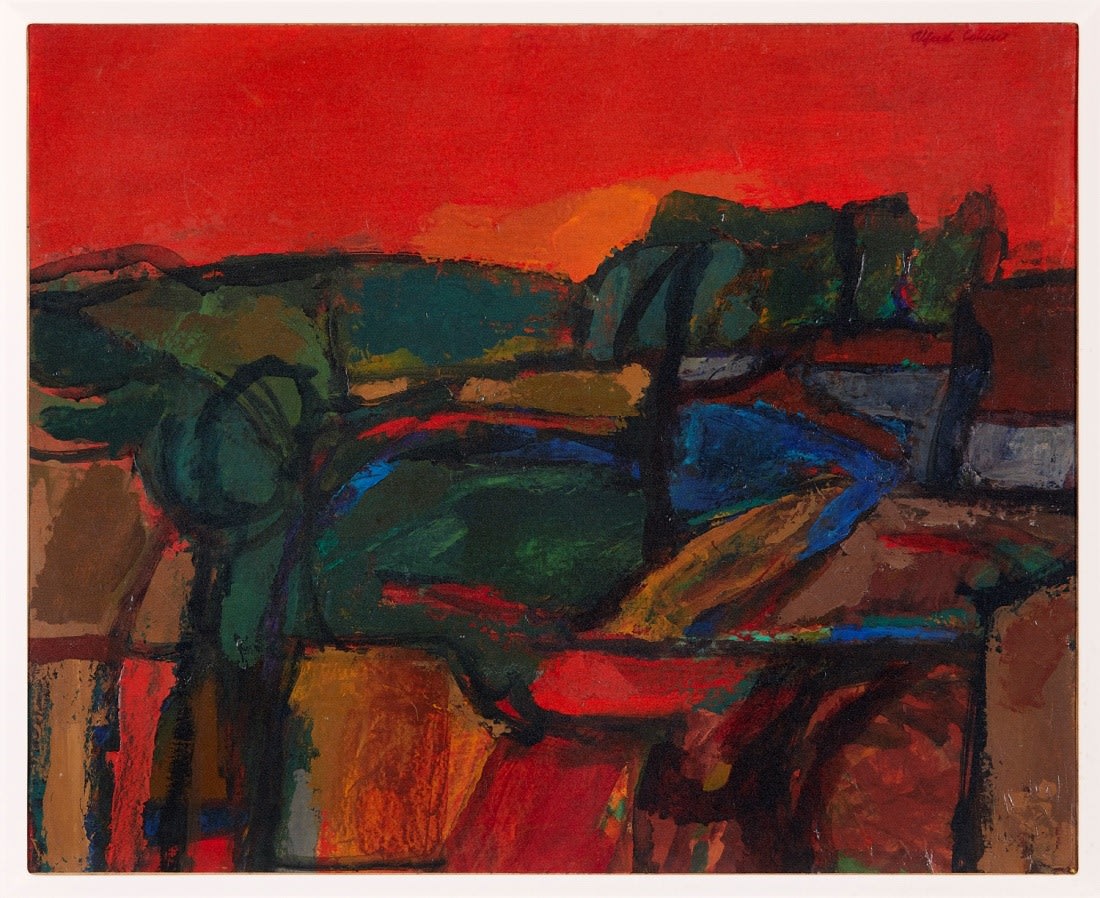 Red Landscape in Kent, 1965, oil on canvas, 18 x 22 in; 45.7 x 55.9 cm. Alfred Cohen Art Foundation; gift of Michael and Jill Barrington. © The Artist’s Estate. Photo: Peter Huggins
