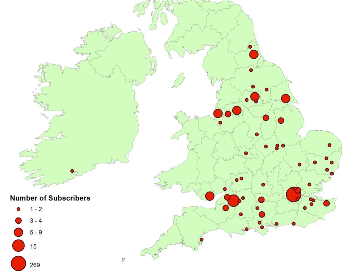 Map showing the locations of subscribers to the 2 volume edition of works by John Wall Calcott