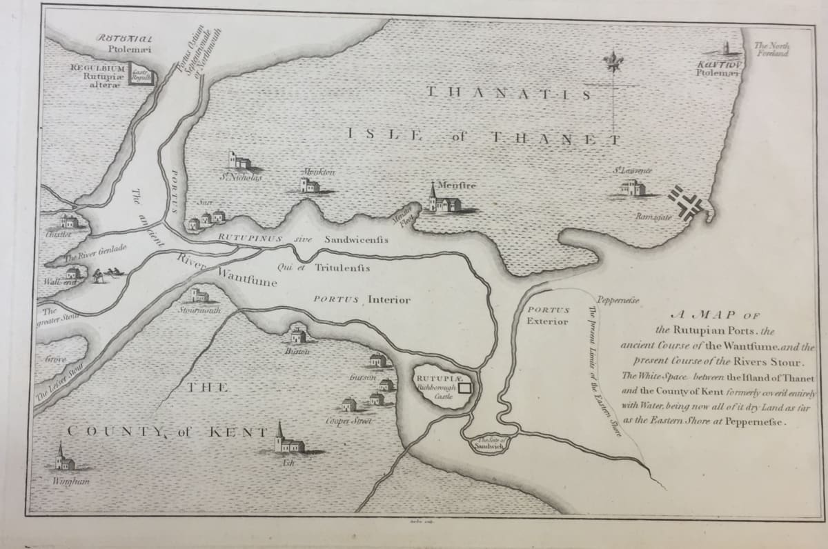 A map of the Rutupian Ports, the ancient course of the Wantsum and the present course of the Stour