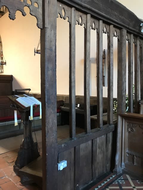 The view of the chancel screen and wainscotting from the high altar. Note how plain the carving is from this side of the screen, when viewed from the other side, it is highly decorative