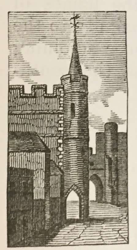 Woodcut illustrating St George's Church with St George's Gate in the distance