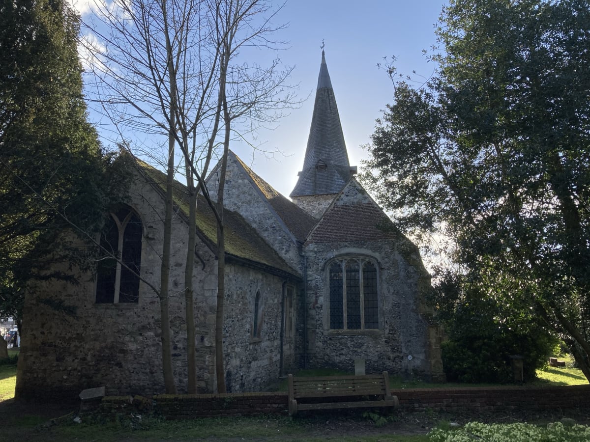 The view of St Mary’s from the east, with the chancel and north aisle chapel, with the tower and spire in the background