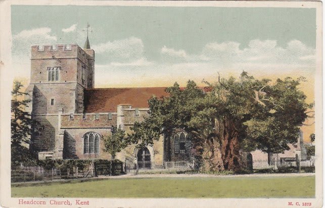 An old postcard of a colourised picture of the church with the Old Oak by its entrance.
