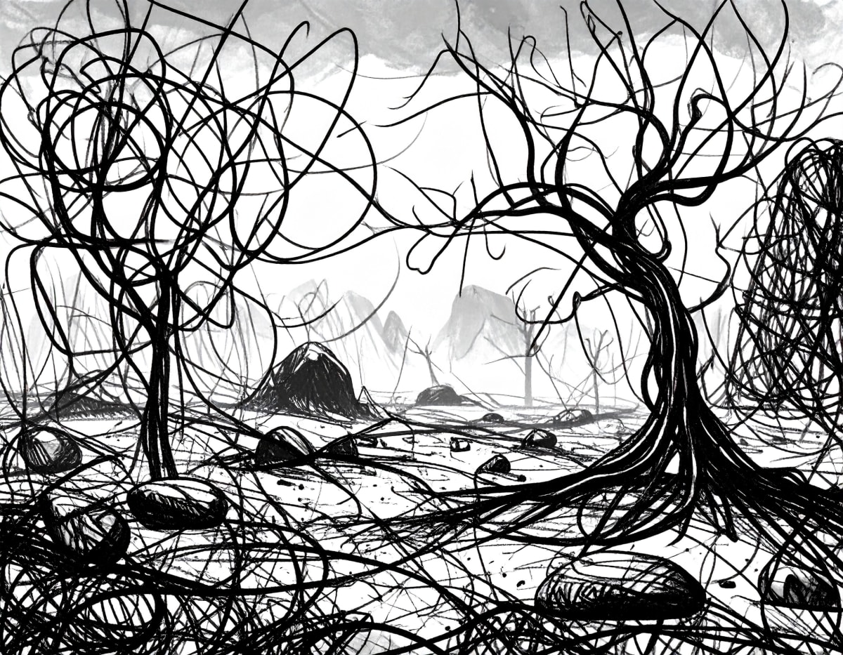 A post-apocalyptic landscape with just blackened trees, rocks and scorched earth