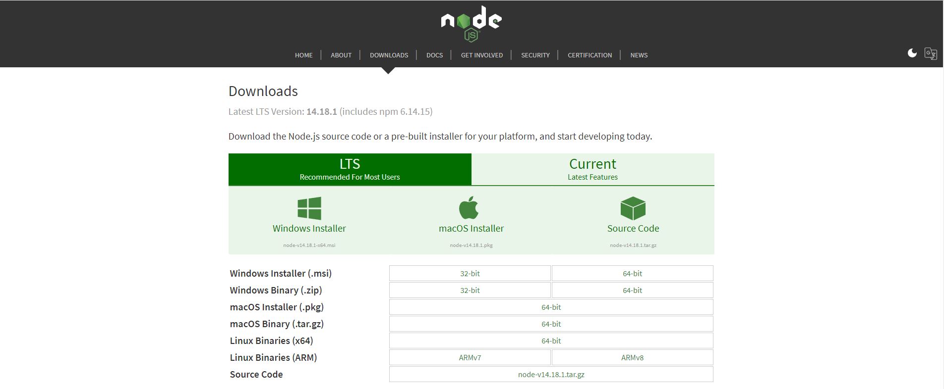 NodeJS Website Download Page