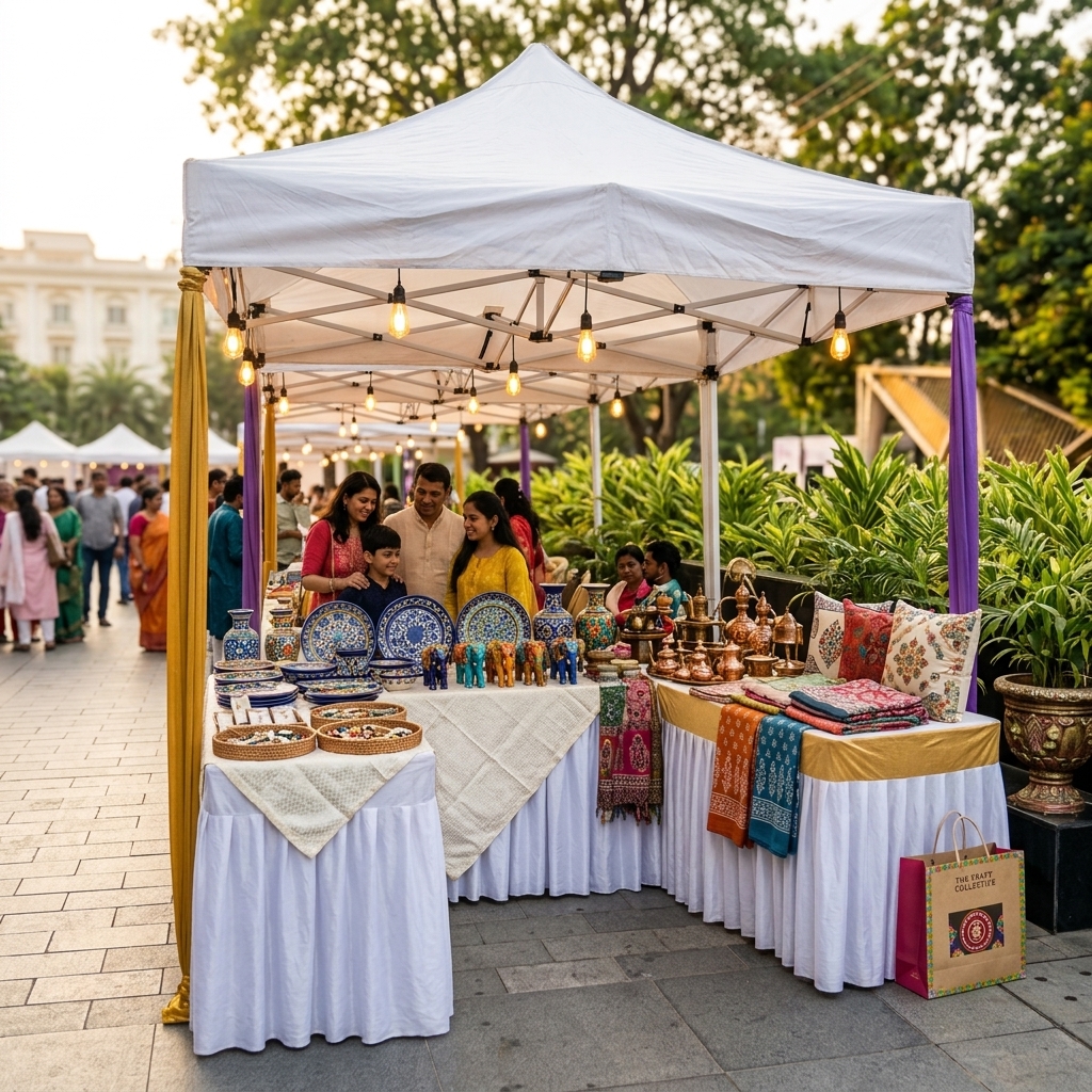 Vendor booth with vertical displays and lighting