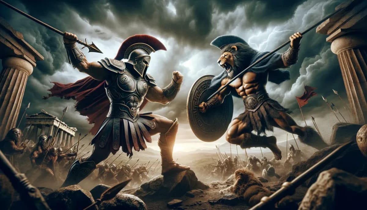 Ares en armadura griega antigua luchando contra Heracles con un casco de cabeza de león