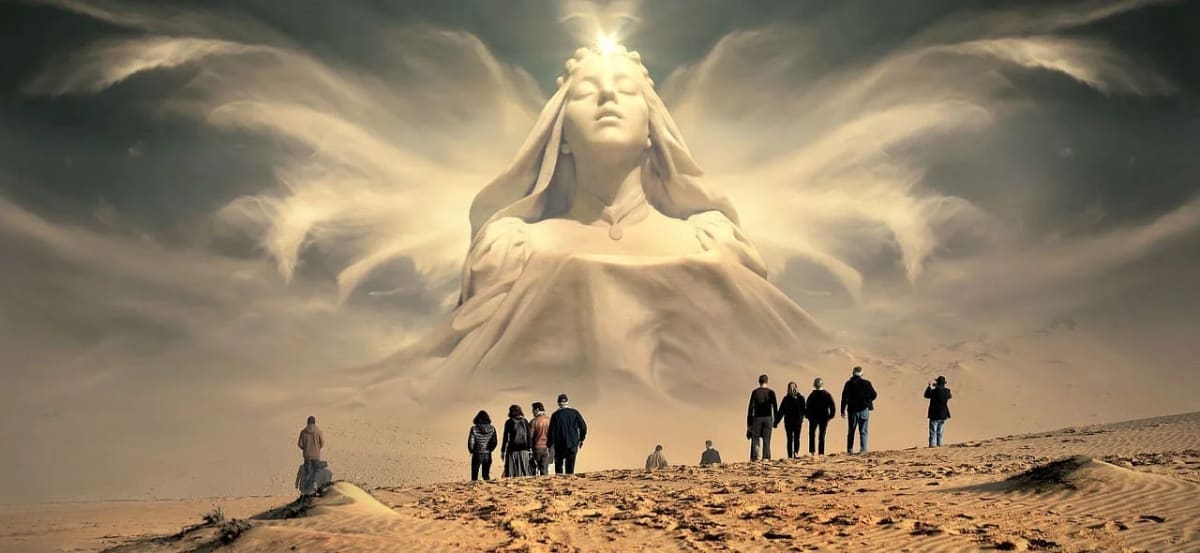 Estatua gigante en un desierto, simbolizando la conciencia humana