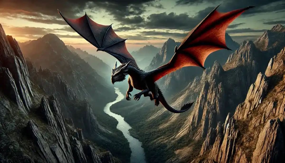 Dragón volando sobre un valle montañoso al amanecer