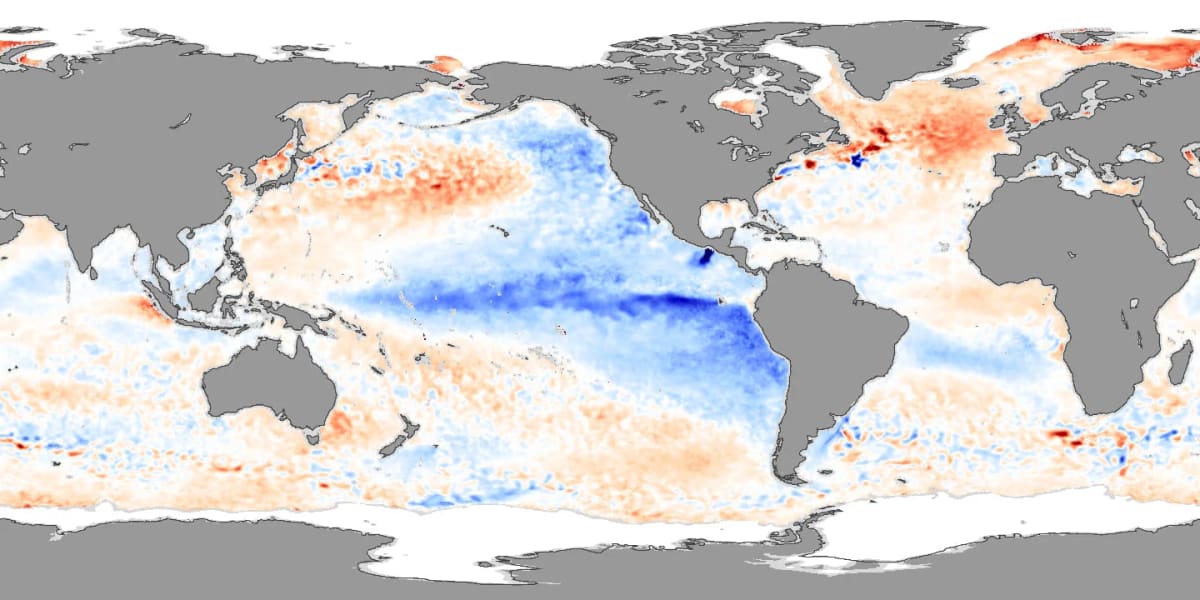 Mapa mundial que muestra las anomalías de temperatura del océano durante un evento de La Niña