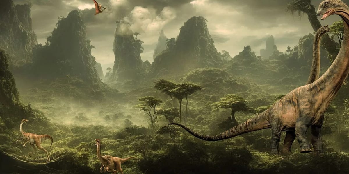 Paisaje del Mesozoico con varios dinosaurios como Brachiosaurus en un entorno natural con montañas y vegetación