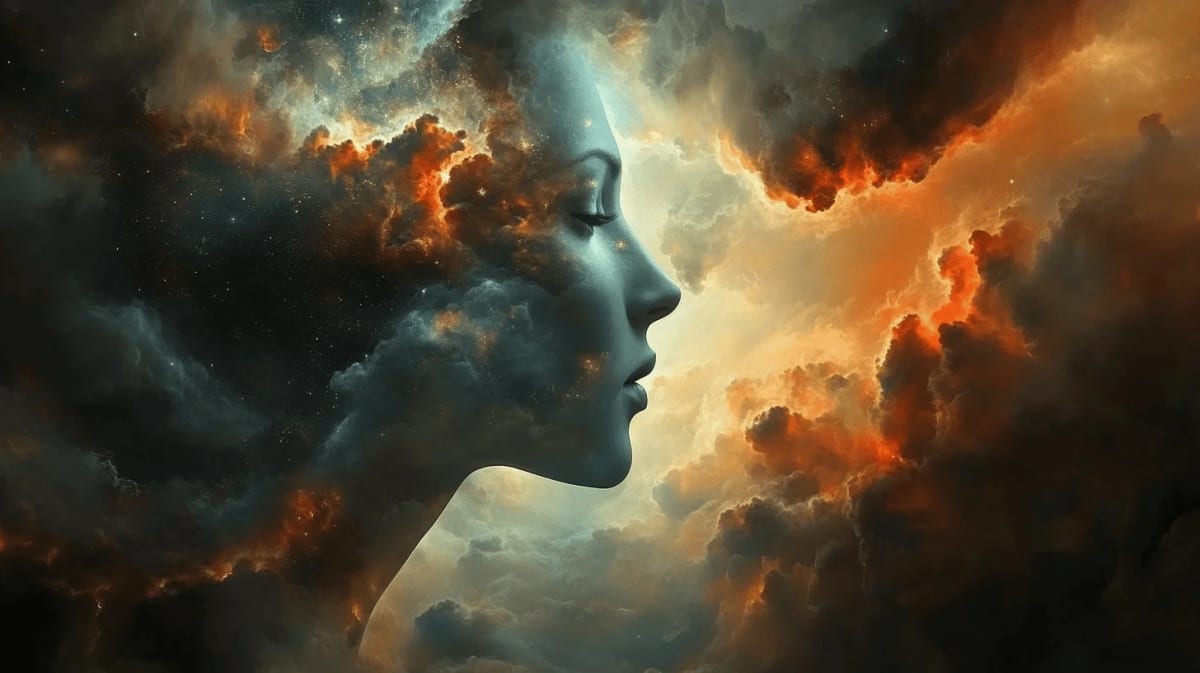 Perfil de un rostro femenino formado por nubes y estrellas, simbolizando los misterios del universo y la naturaleza de la metafísica