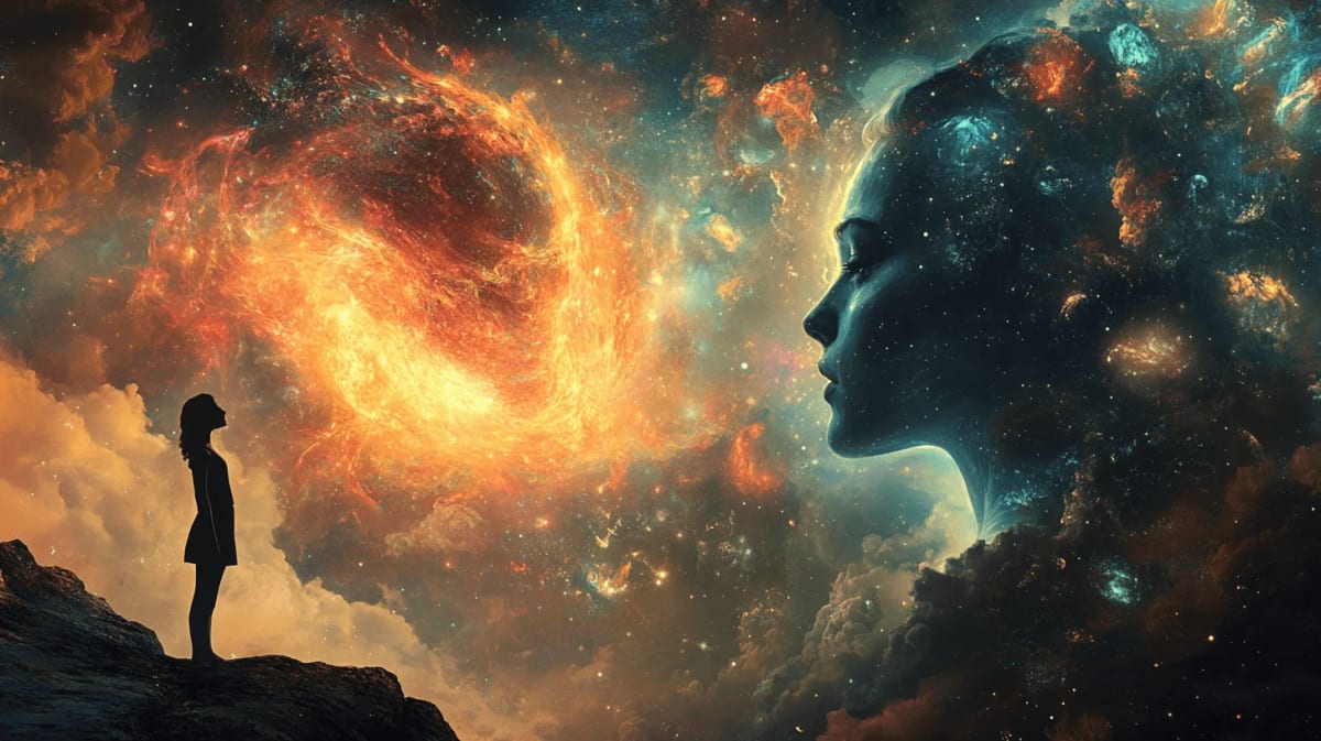 Figura humana mirando hacia una galaxia, con un rostro femenino formado por estrellas y nebulosas