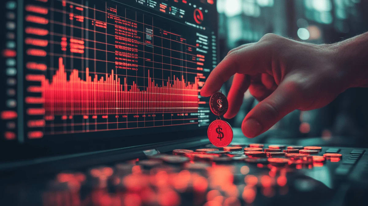 Edificio de una entidad financiera rodeado de billetes y monedas, representando planificación financiera