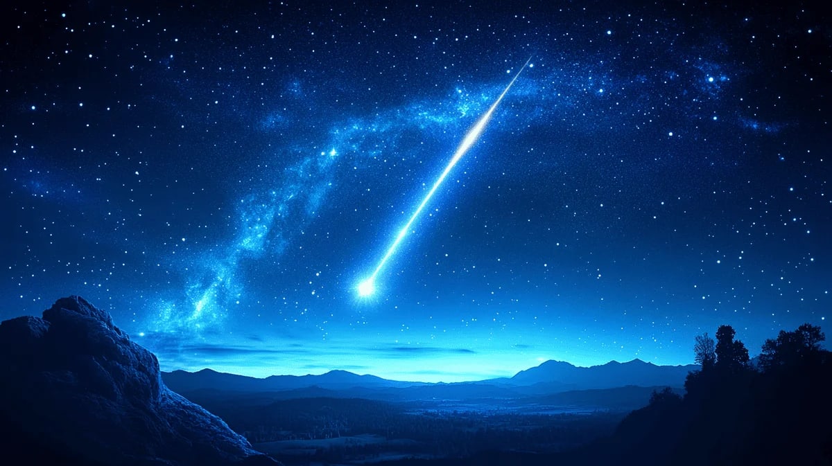 Estrella fugaz cruzando el cielo nocturno, con la Vía Láctea de fondo y paisajes montañosos al horizonte