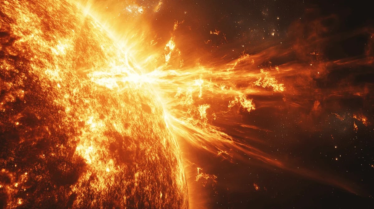 Gran explosión solar con intensas llamaradas y partículas desprendiéndose en el espacio