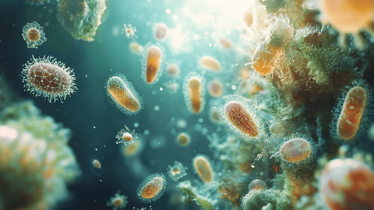 Plancton microscópico en suspensión en el agua, con detalles de sus estructuras celulares y formas variadas