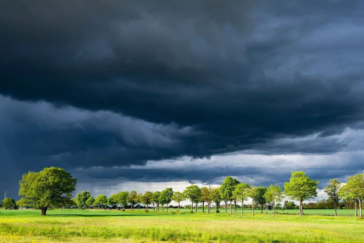 Nubes de tormenta densas y oscuras que cubren el cielo sobre un campo verde