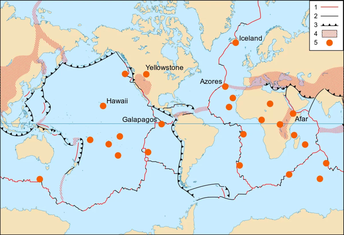 Mapa geológico que ilustra los principales puntos calientes del planeta, como Hawái y Yellowstone
