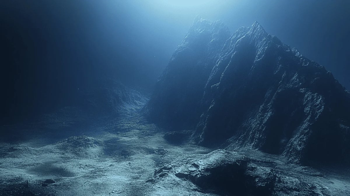 Fondo oceánico con una montaña submarina sobresaliente