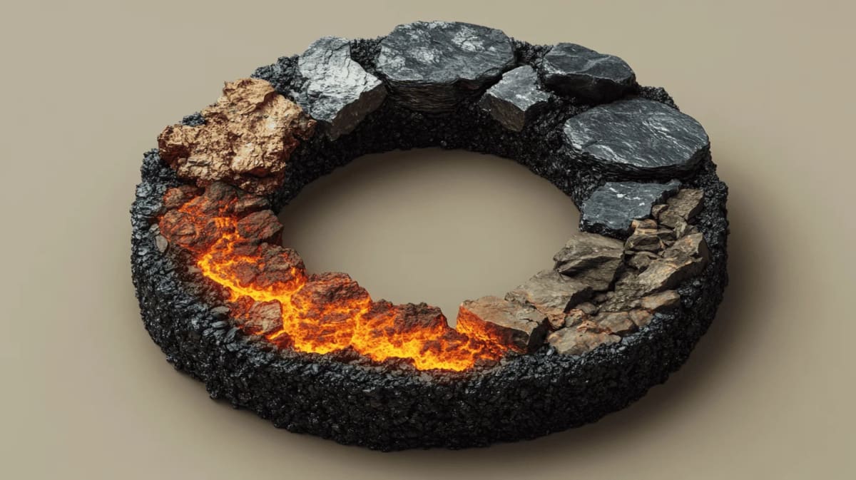 Representación gráfica del ciclo de las rocas y sus etapas geológicas