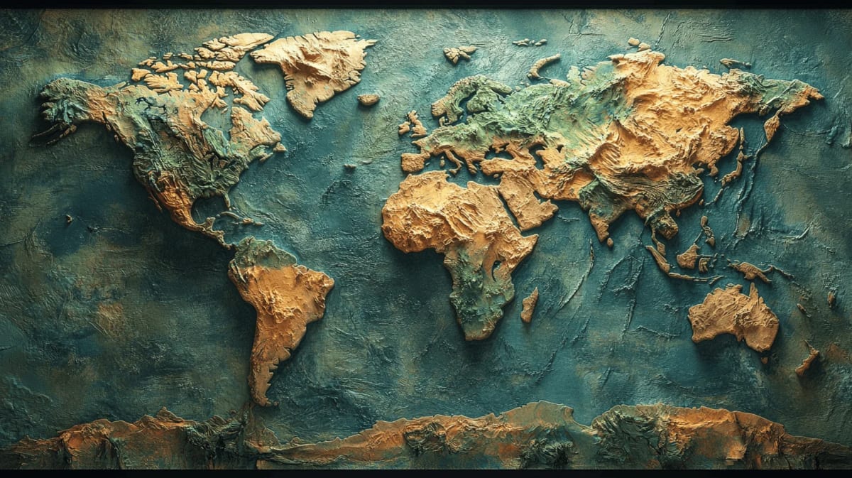 Mapa físico en relieve mostrando la topografía de los continentes