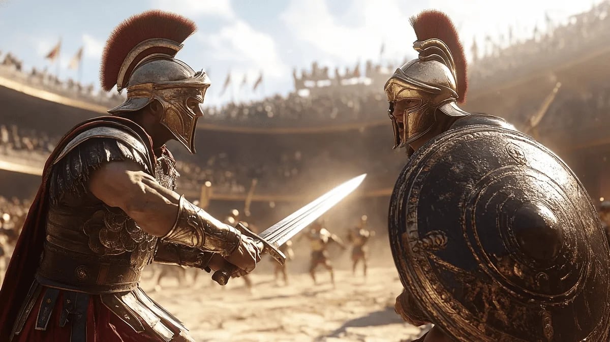 Gladiadores romanos luchando en un coliseo frente a una multitud, con armaduras y espadas
