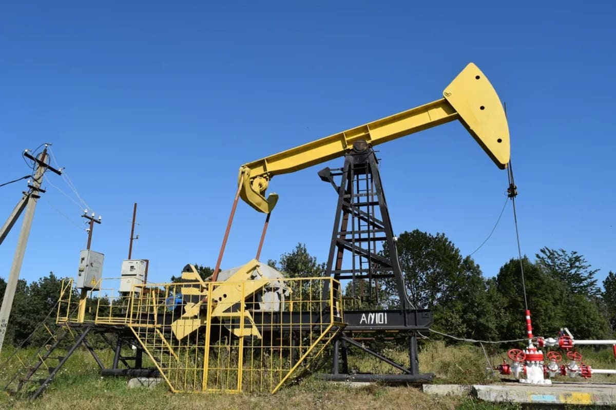 Bomba de extracción de petróleo en un campo petrolero, rodeada de vegetación y cielo despejado.
