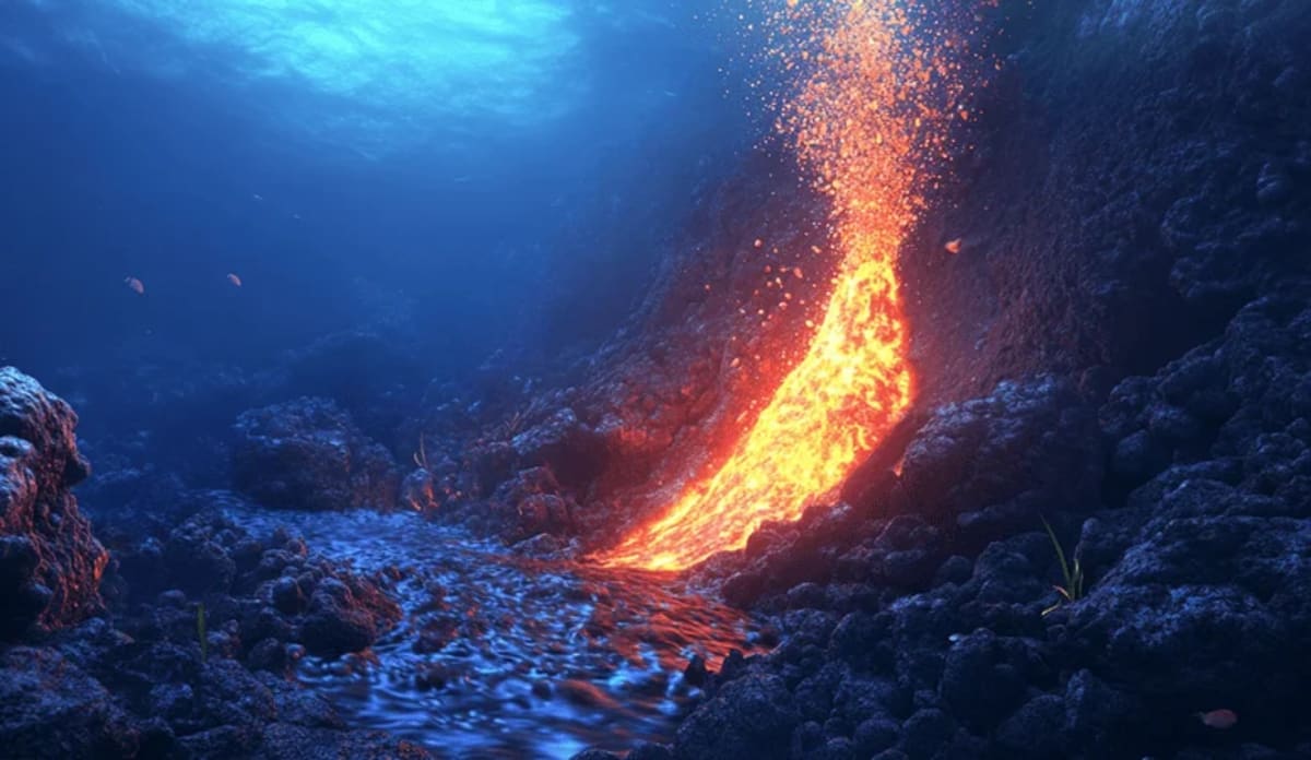 Lava fluye desde un volcán submarino iluminando el fondo del océano con un color brillante.