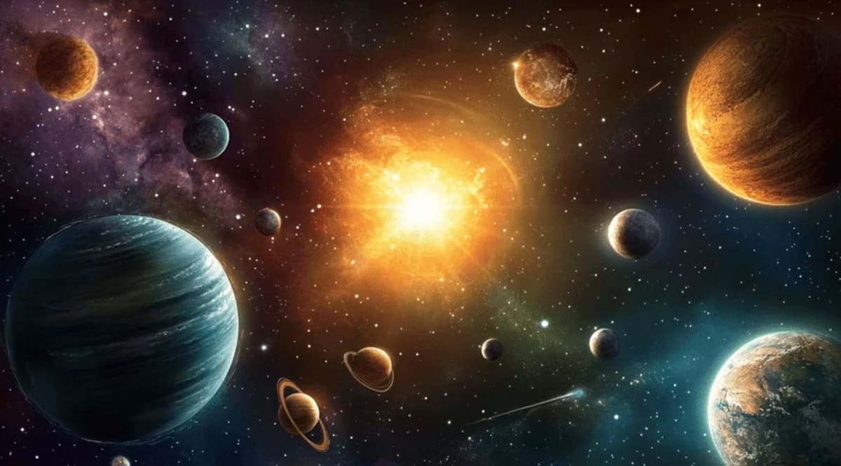 Representación de un sistema planetario con planetas orbitando alrededor de una estrella resplandeciente en el centro del universo.