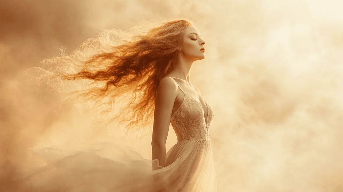 Afrodita mitológica en un ambiente etéreo, envuelta en luz dorada y vestimenta fluida.