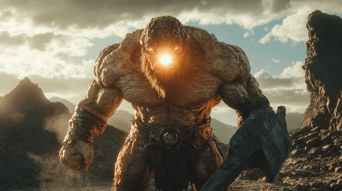 Representación mitológica del cíclope, destacando su imponente presencia y su ojo brillante.