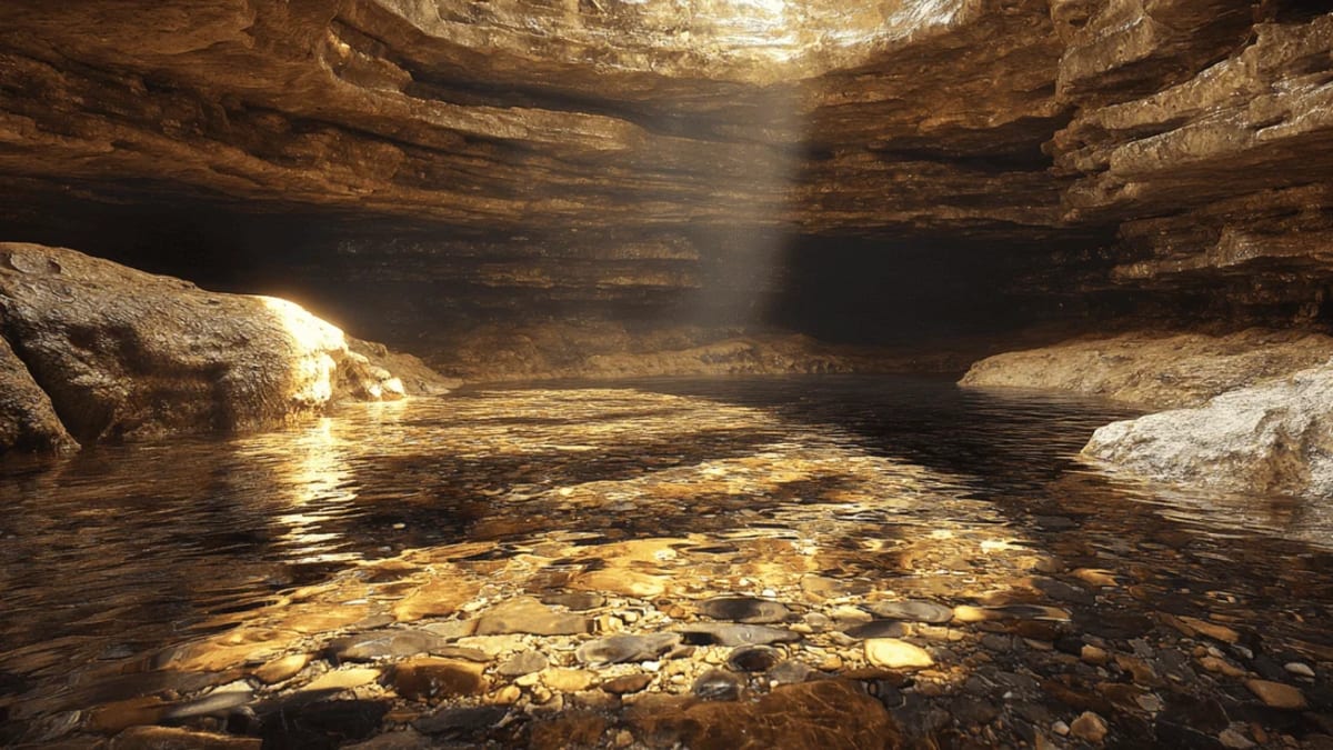 Interior de una caverna subterránea iluminada suavemente con agua cristalina reflejando las rocas.
