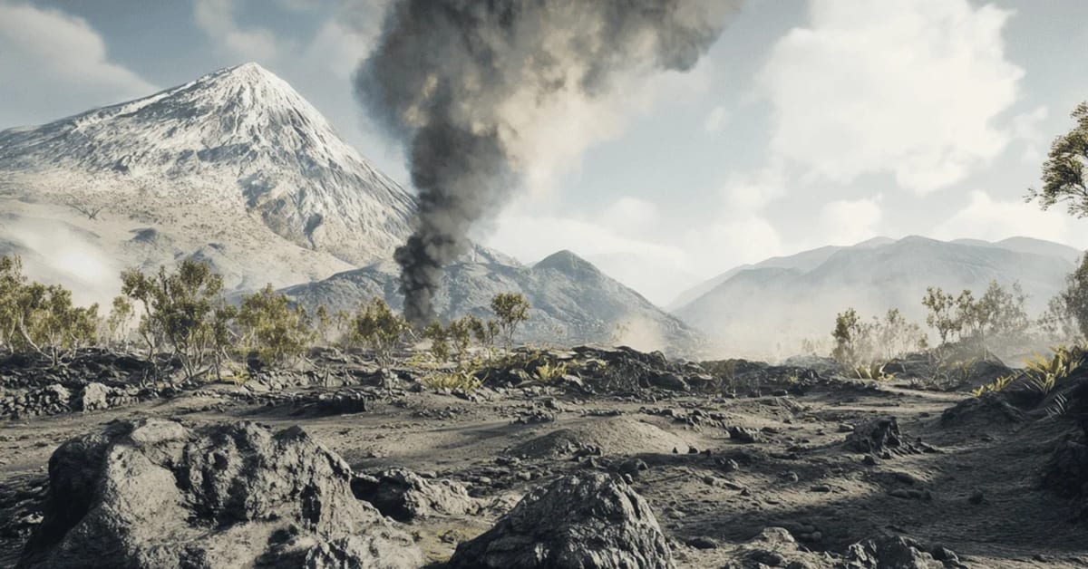 Panorama de un campo volcánico activo con un volcán emitiendo humo.