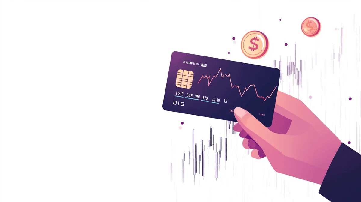 Manejo financiero representado con una tarjeta de crédito y gráficos de análisis.