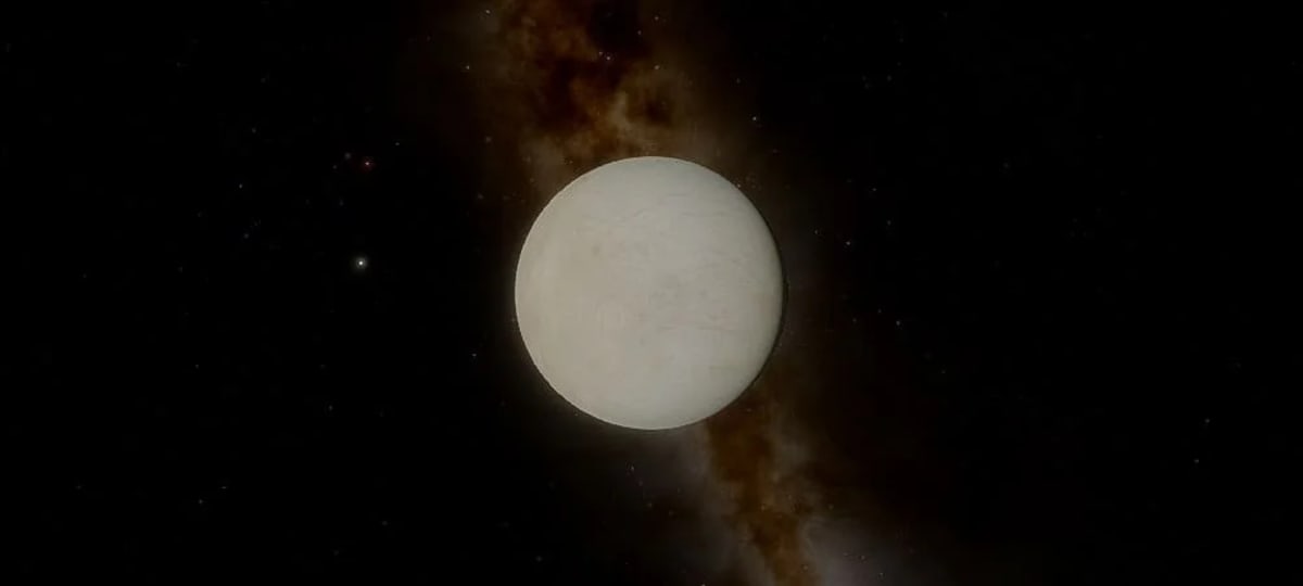 La luna Europa de Júpiter, completamente cubierta por una capa de hielo, con un fondo estrellado del espacio profundo.