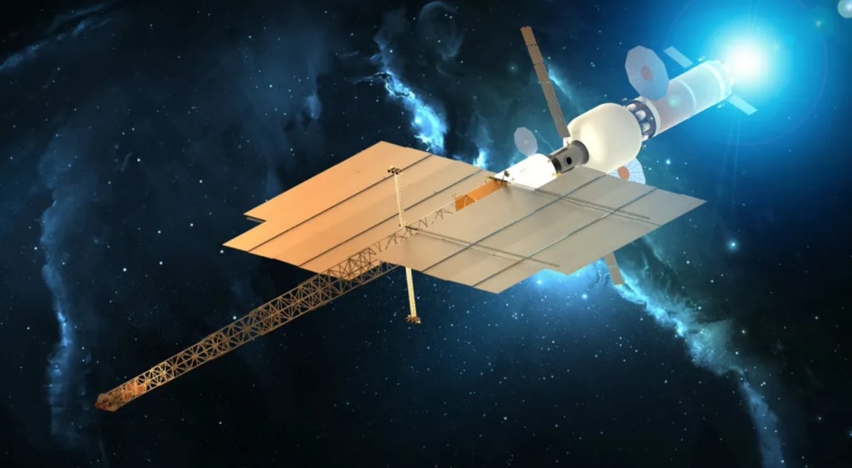 Representación artística de un sistema de propulsión eléctrica nuclear completamente ensamblado en el espacio, utilizando radiadores modulares MARVL.