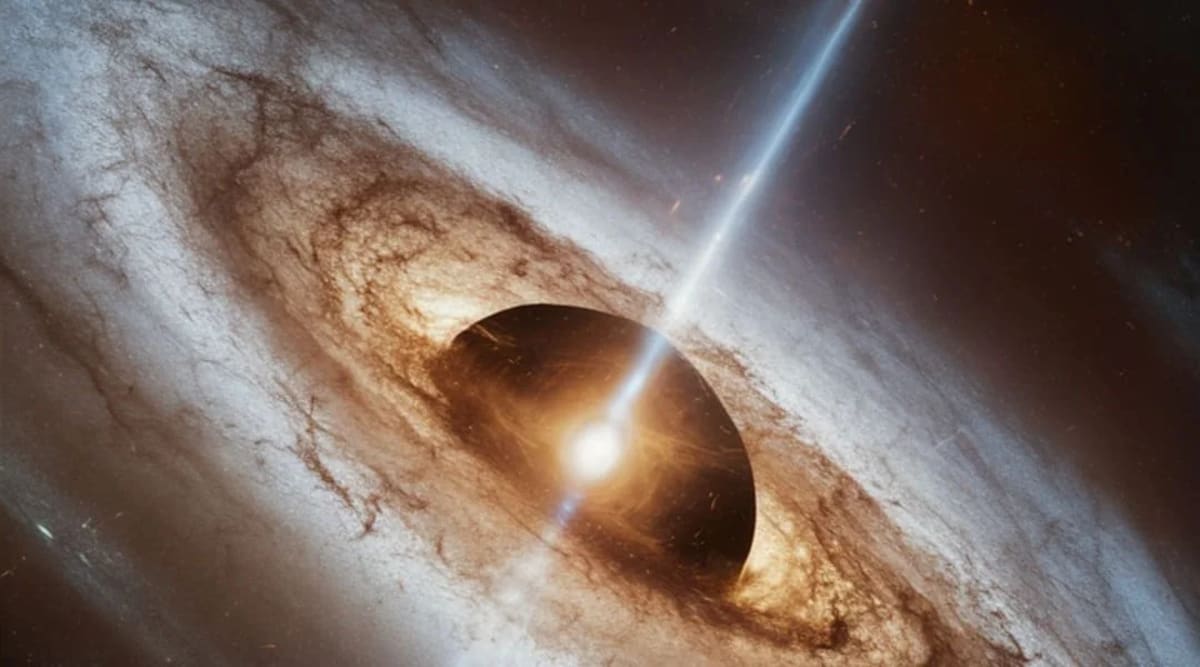 Representación artística de un cuásar con chorros de radiación emanando hacia el espacio.