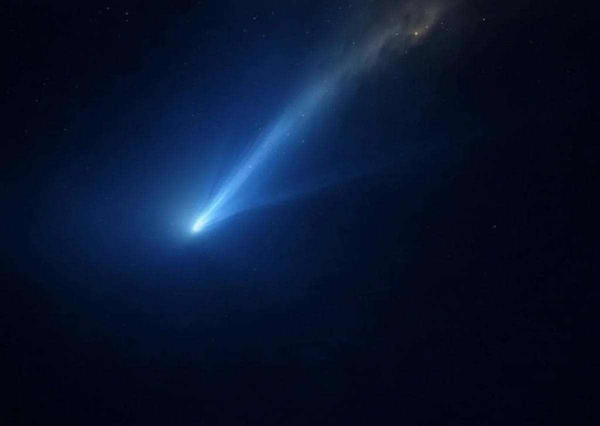 Representación artística de un cometa ficticio atravesando el espacio con una cola luminosa y un núcleo brillante.