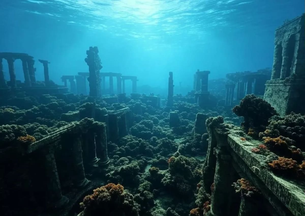 Imagen creativa de ruinas submarinas con columnas antiguas y corales iluminados por la luz del océano.