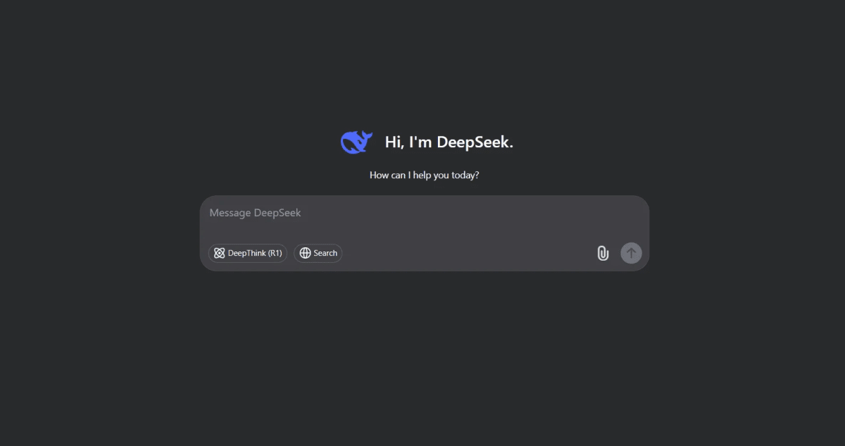Interfaz gráfica de la aplicación DeepSeek con un diseño minimalista y opciones de búsqueda.