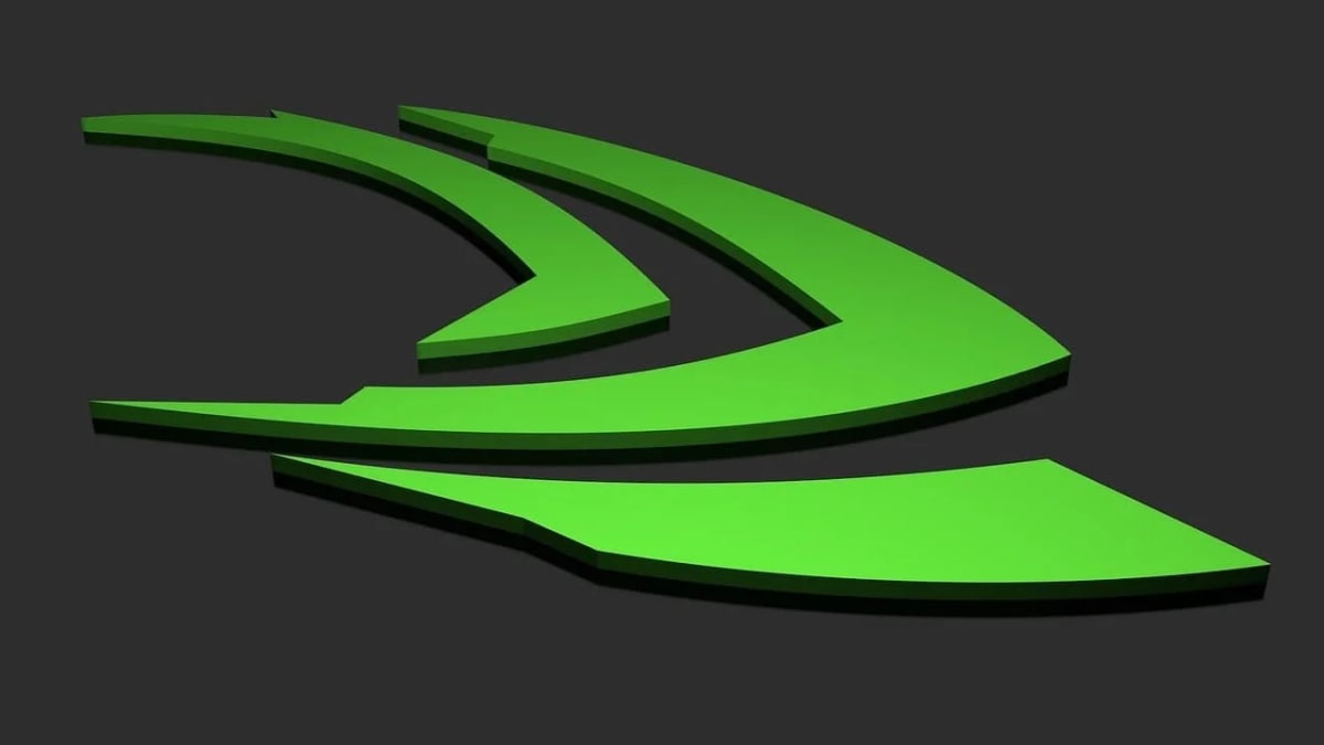 Logotipo tridimensional de Nvidia en color verde sobre un fondo oscuro.