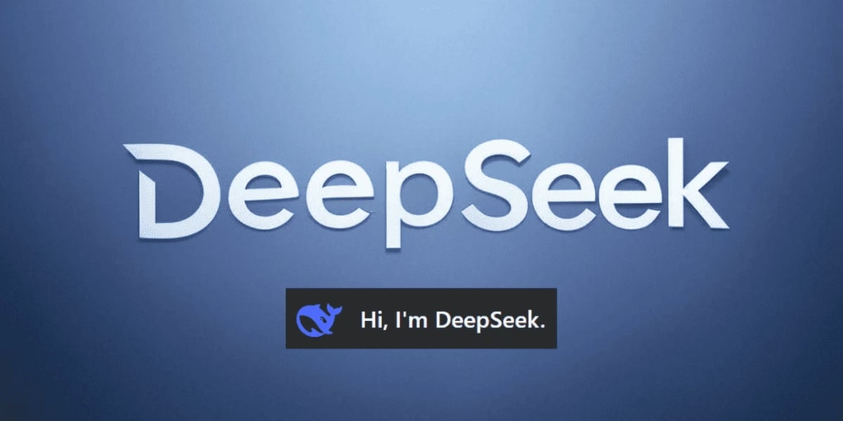 Logo de DeepSeek en fondo azul con mensaje de presentación, destacando su papel en inteligencia artificial.