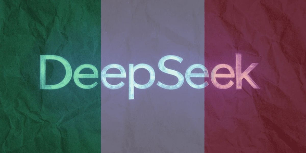 Logo de DeepSeek sobre la bandera de Italia, en referencia a su bloqueo por cuestiones de protección de datos.