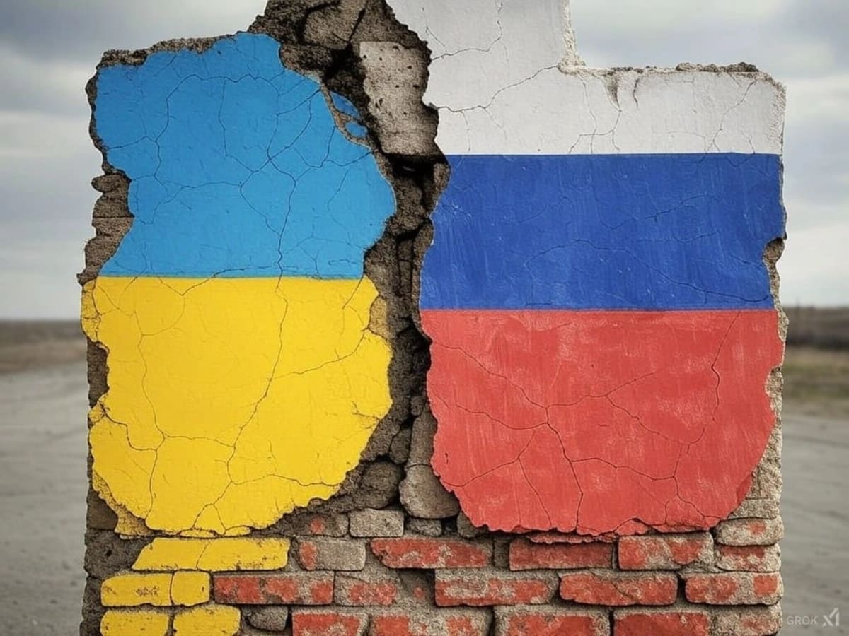 Muro agrietado con los colores de las banderas de Ucrania y Rusia, simbolizando el conflicto entre ambos países.