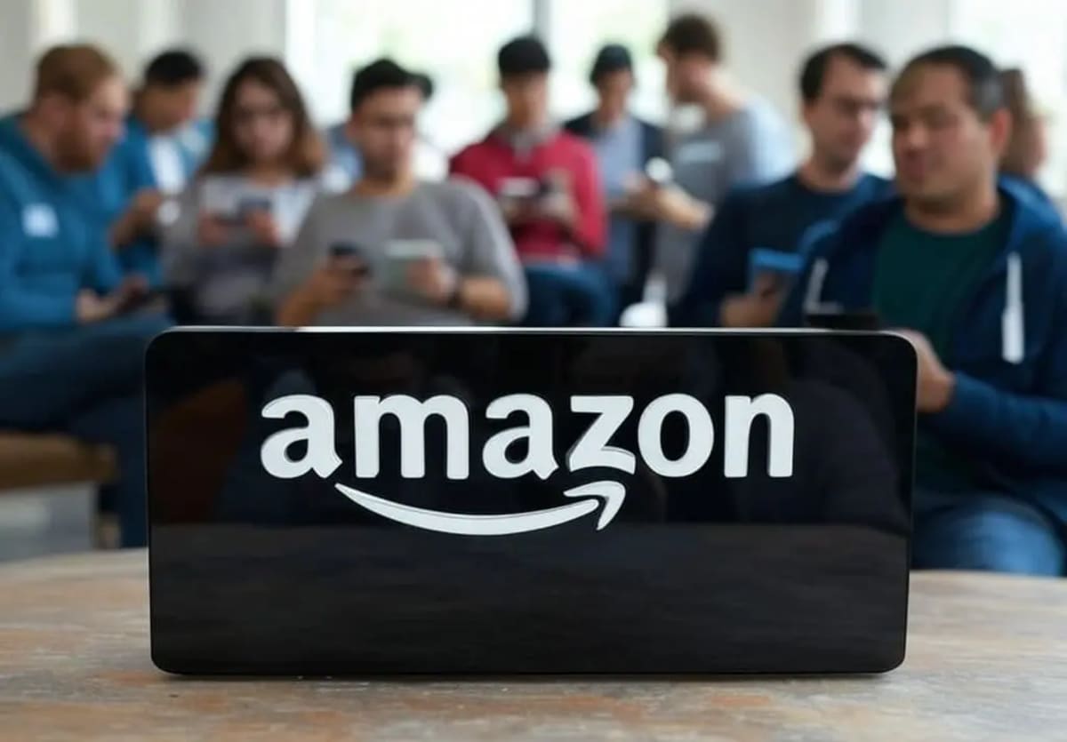 Logo de Amazon en primer plano con un grupo de personas usando dispositivos móviles en el fondo.