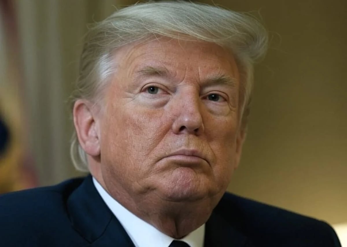 Retrato de Donald Trump con expresión seria en un entorno formal.