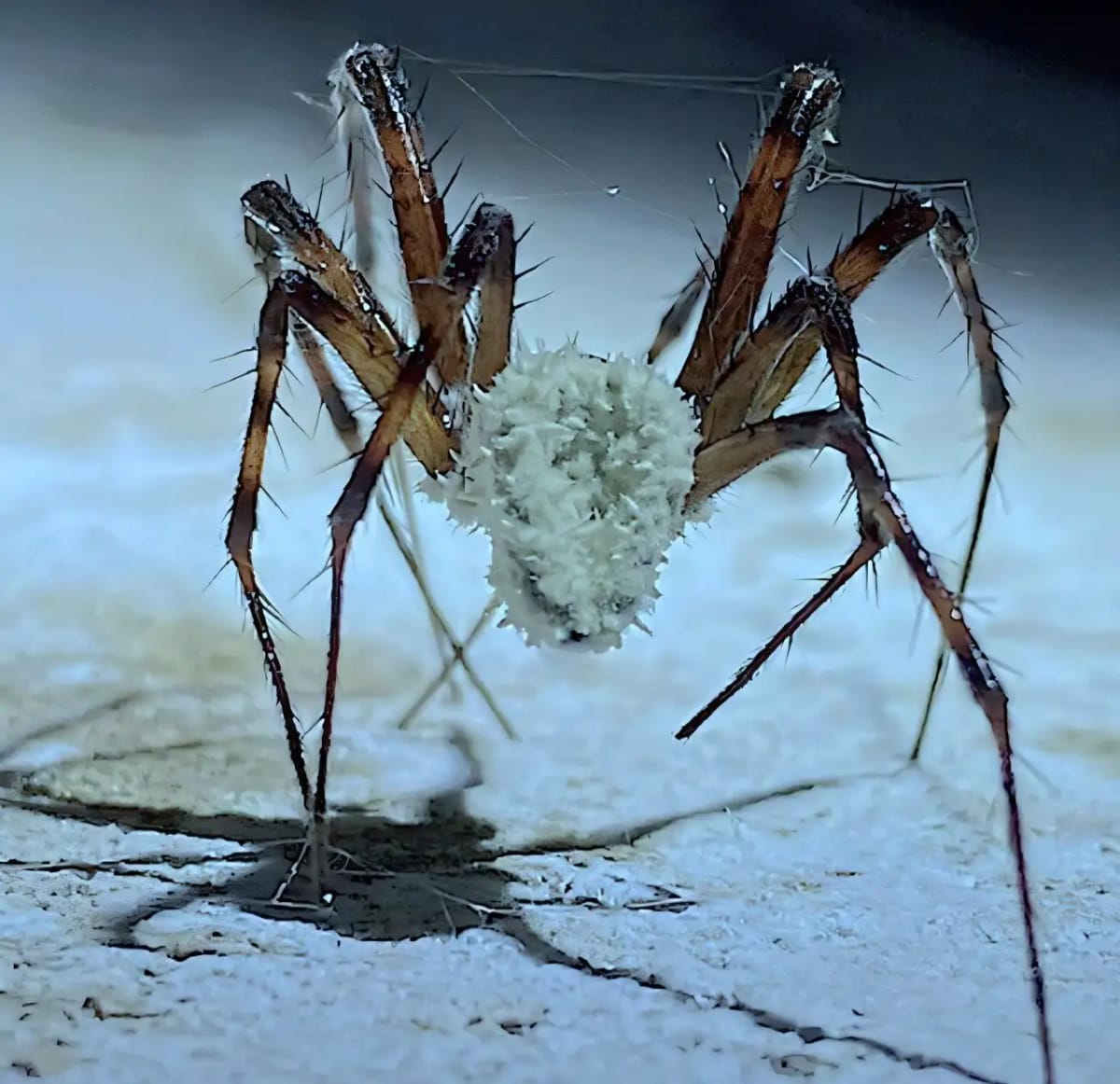 Primer plano de una araña infectada por el hongo Gibellula attenboroughii, mostrando su cuerpo cubierto de estructuras fúngicas en una cueva de Irlanda.